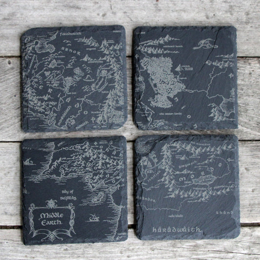 Middle Earth Map - Lord of the Rings Etched Slate Coasters - Gray - Set of 4 or 6 barware