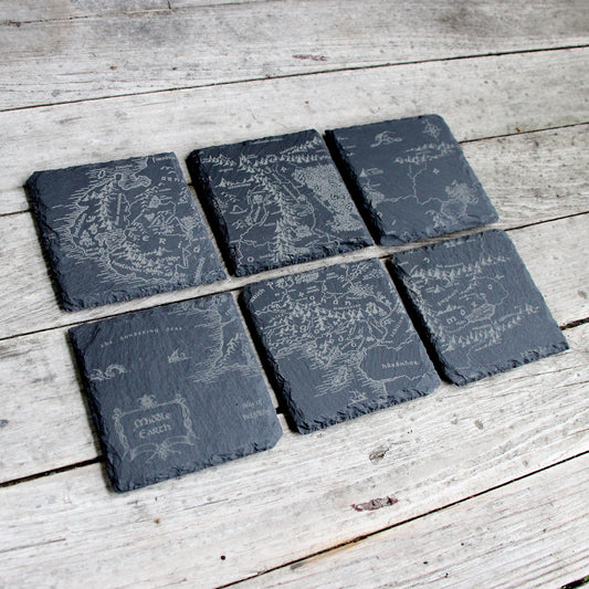 Laser engraved Middle Realm fantasy map cartography on natural dark slate coaster set of 6