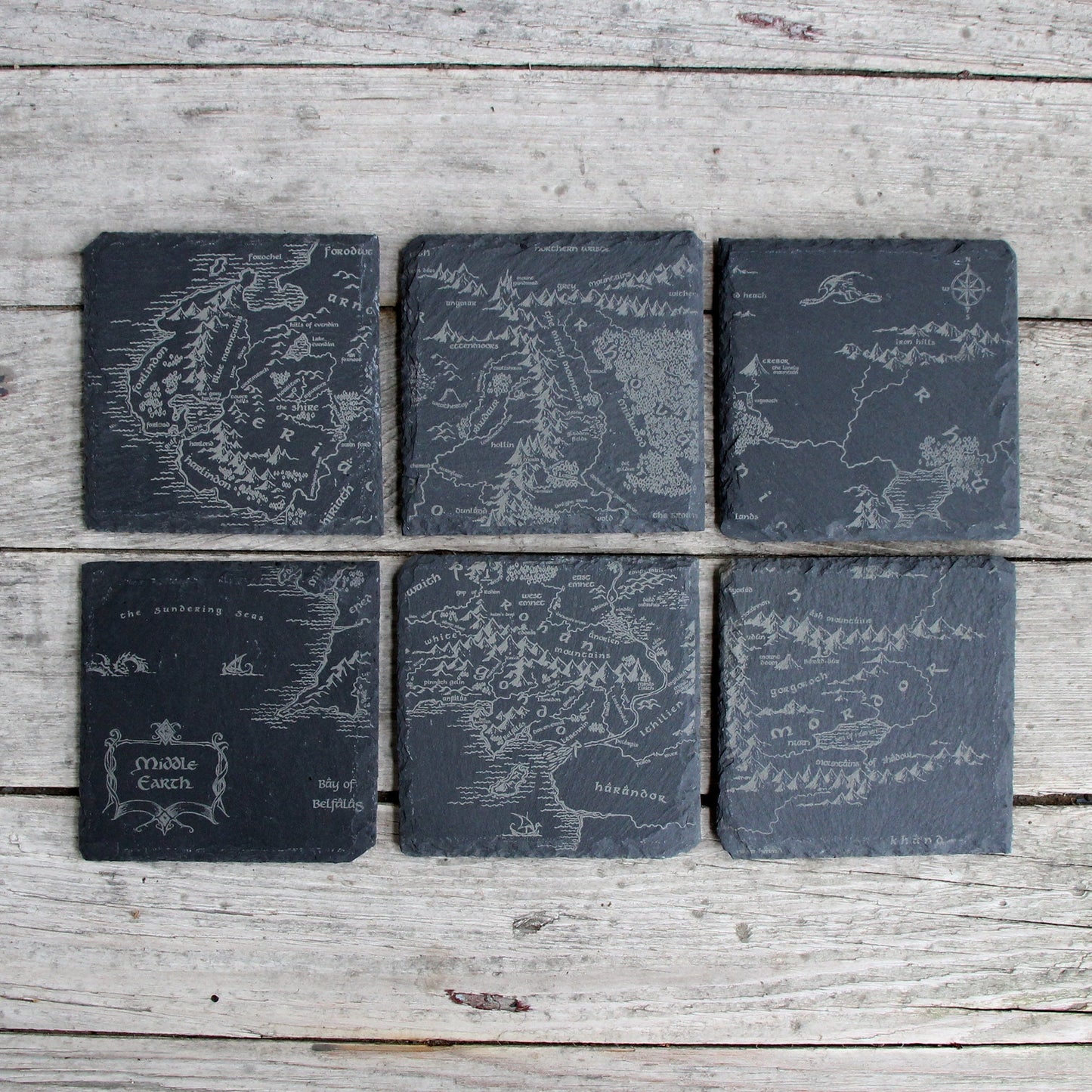 Middle Earth Map - Lord of the Rings Etched Slate Coasters - Gray - Set of 4 or 6 barware