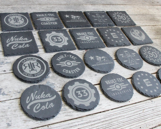 Fallout Etched Slate Coasters Square or Round Circle Mix and Match - Gray - Choice of Set of 4 6 8 - Vault Tec Pip Boy Nuka Cola barware