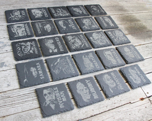 Horror Character Slate Coasters Scary Halloween Mix and Match - Gray - Choice of Set of 4 6 8 - Freddy Jason Michael Universal Monsters