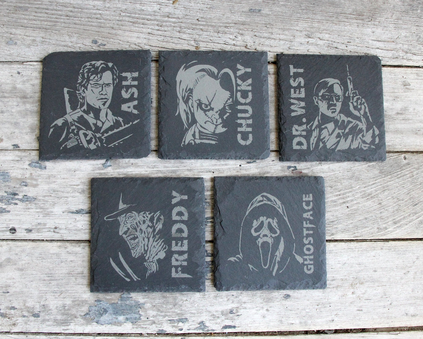 Horror Character Slate Coasters Scary Halloween Mix and Match - Gray - Choice of Set of 4 6 8 - Freddy Jason Michael Universal Monsters