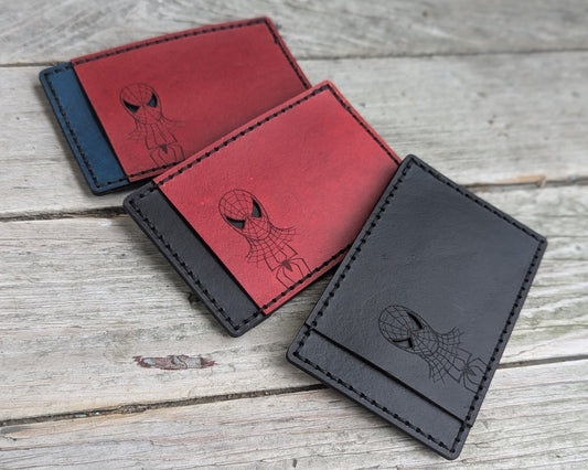 Spiderman ID Card Holder Wallet - Cutout - Full Grain Leather Handmade Customized gift Mens Black Red - Personalized