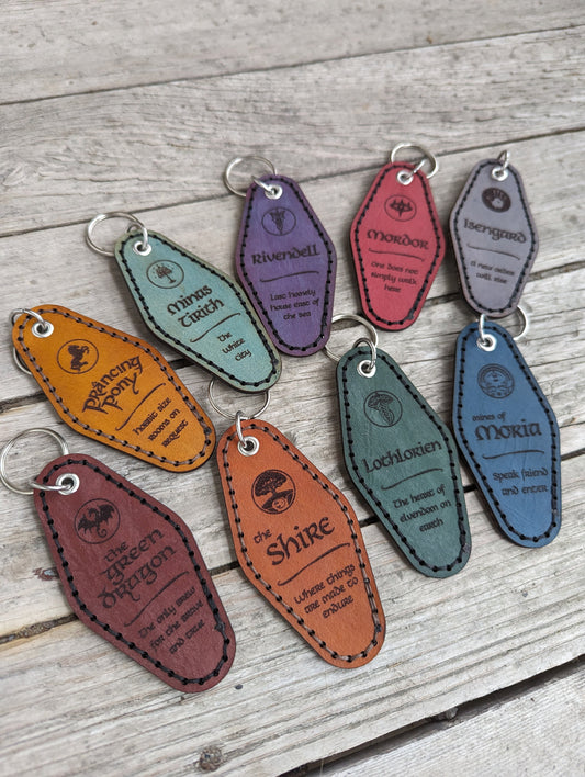 Leather Motel Key Fob keychain - Lord of the Rings Rivendell Shire Mordor - Color Choice Full Grain