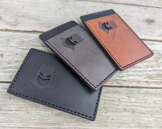 Bat ID Card Holder Optional Money Clip- Cowl Mask Cutout - Full Grain Leather Handmade Customized Mens Black Gray - Personalized Minimalist