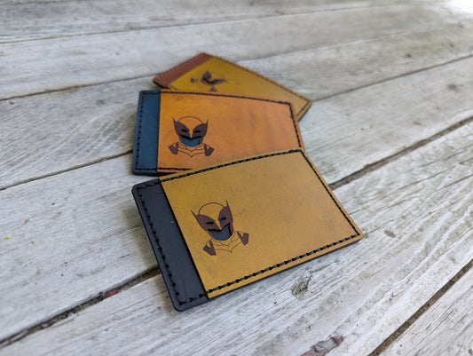 Wolverine ID Card Holder optional money clip - Mask Cutout - Full Grain Leather Handmade Customized Mens Yellow Black - Personalized