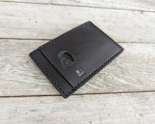 Darth Vader ID Card Holder optional money clip - Face Cutout - Full Grain Leather Handmade Customized Mens Black Star Wars - Personalized
