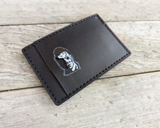 Michael Myers ID Card Holder optional money clip - Face Cutout - Full Grain Leather Handmade Customized Mens Black Halloween - Personalized
