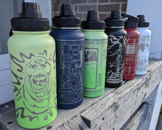 Ghostbusters Stainless Steel Water Bottle - Double Wall Insulated 32 oz - Straw and Spout Lid - Ectoplasm Stay Puft Slimer Gozer Proton Pack