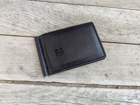 Bat ID Bifold Wallet Money Clip - Cowl Mask Cutout - Full Grain Leather Handmade Customized gift Mens Black Gray - Personalized