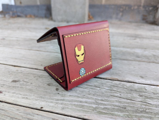 Iron Man Trifold Wallet - Helmet Cutout - Full Grain Leather Handmade Customized Mens Red Gold Yellow - Personalized
