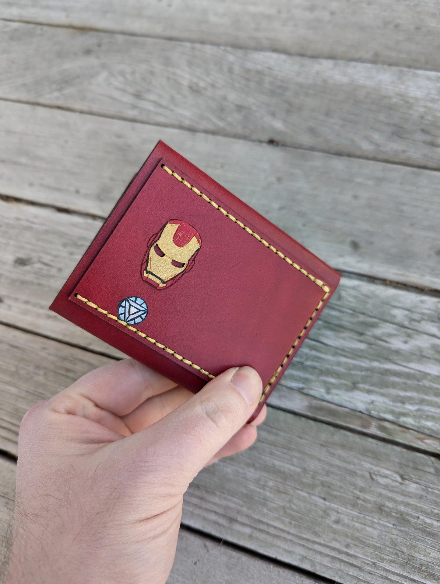 Iron Man Trifold Wallet - Helmet Cutout - Full Grain Leather Handmade Customized Mens Red Gold Yellow - Personalized