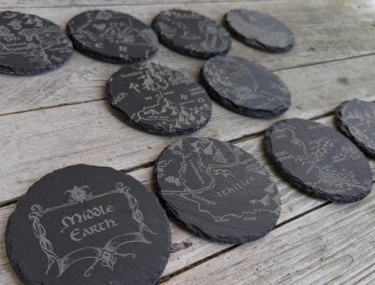 Middle Earth Map - Round Slate Coasters - Gray - Set of 4 6 8 10 Lord of the Rings
