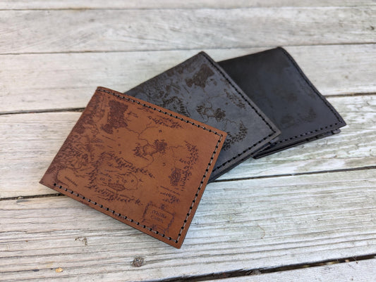 Middle Earth Map Leather Bifold Wallet - Handmade engraved leather wallet - LOTR - Personalized