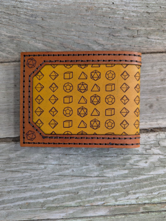 Leather wallet with geometric pattern on a wooden surface